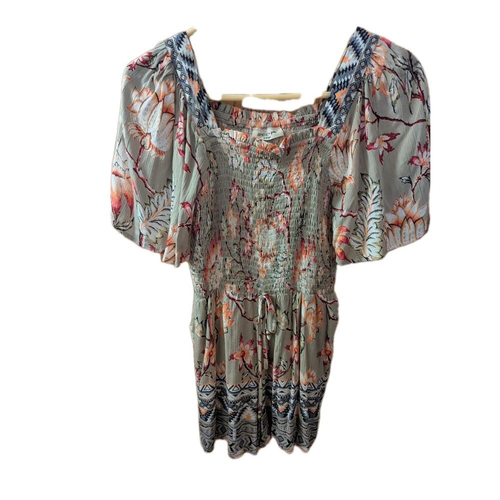 ANGIE Boho Hippie Romper Womens Blue Floral UniShorts Stretch Bodice XLarge